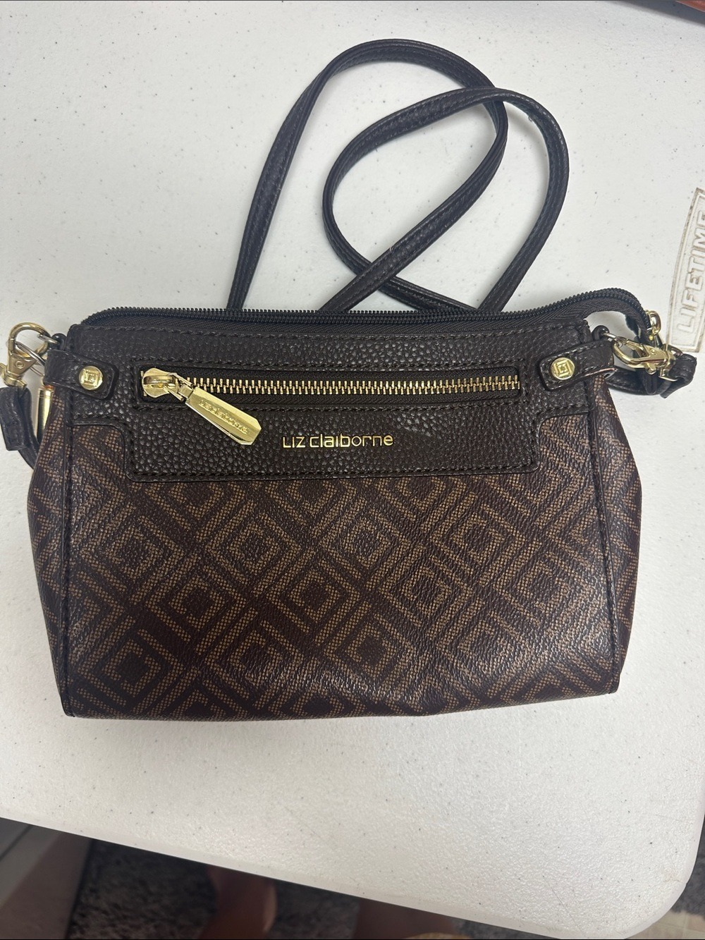 Liz Claiborne Brown Diamond-Pattern Crossbody with Gold Hardware
